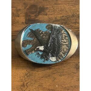 Vintage 1982 Indiana Metal Craft Belt Buckle W/ Turquoise and Bald Eagle Design